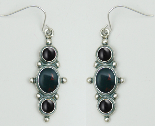 Sterling Silver Drop Dangle Earrings With Bloodstone And Black Onyx
